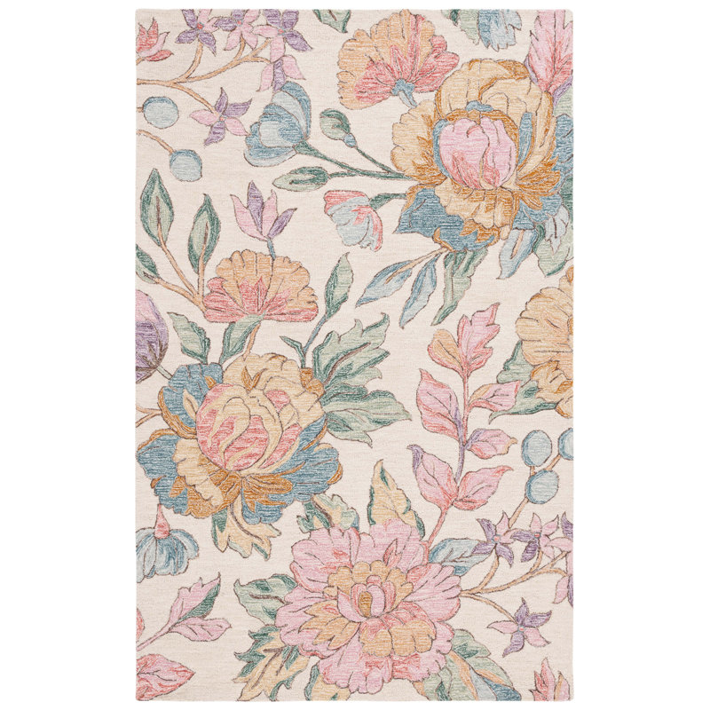Jardin Handtufted Wool Cotton Floral Rug in Ivory/Pink, Rectangle 8" x 10"