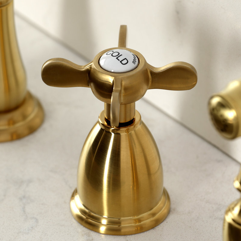 Kingston Brass Essex Double-Handle 4-Hole Widespread Kitchen Faucet With Brass Sprayer, Brushed Brass