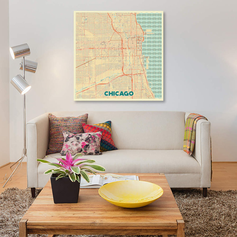« chicago retro urban blueprint map », reproduction d’impression sur toile, H 18 po x l 18 po x P 1,5 po, Toile tendue