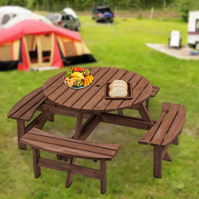 Circular Outdoor Wooden Picnic Table For Patio, Backyard, Garden, DIY W/ 3 Built-In Benches, 1720Lb Capacity, 4, Brown
