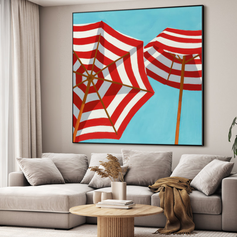 Très grand parapluie rayé rouge et blanc rétro - reproduction de bord de mer pour le salon ou la chambre à coucher, assemblage requis (assemblage requis)