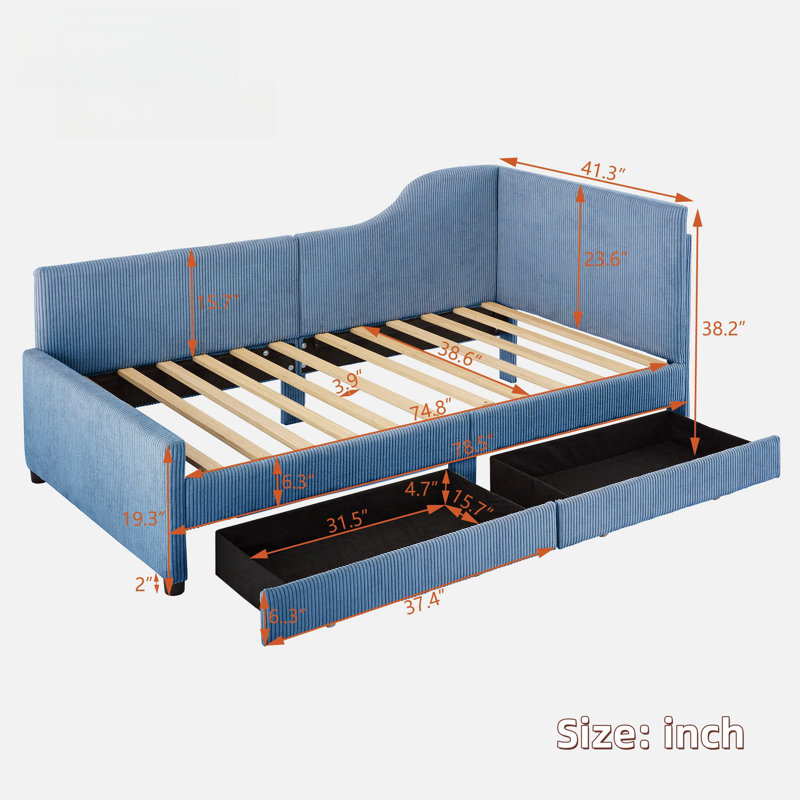L-shaped Upholstered Daybed With 2 Storage Drawers, Blue