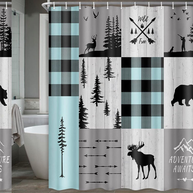 Wildlife Haven Shower Curtain - Rustic Cabin Lodge Decor with Bear, Moose, Deer & Trees - Machine Washable Polyester 