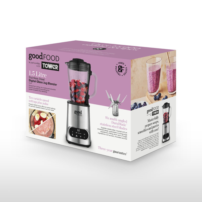 Good Food in partnership with Tower GF12013 Digital 1.5L Jug Blender with 5 Speed Settings, 3 Pre-set programs, 1200W, Stainless Steel