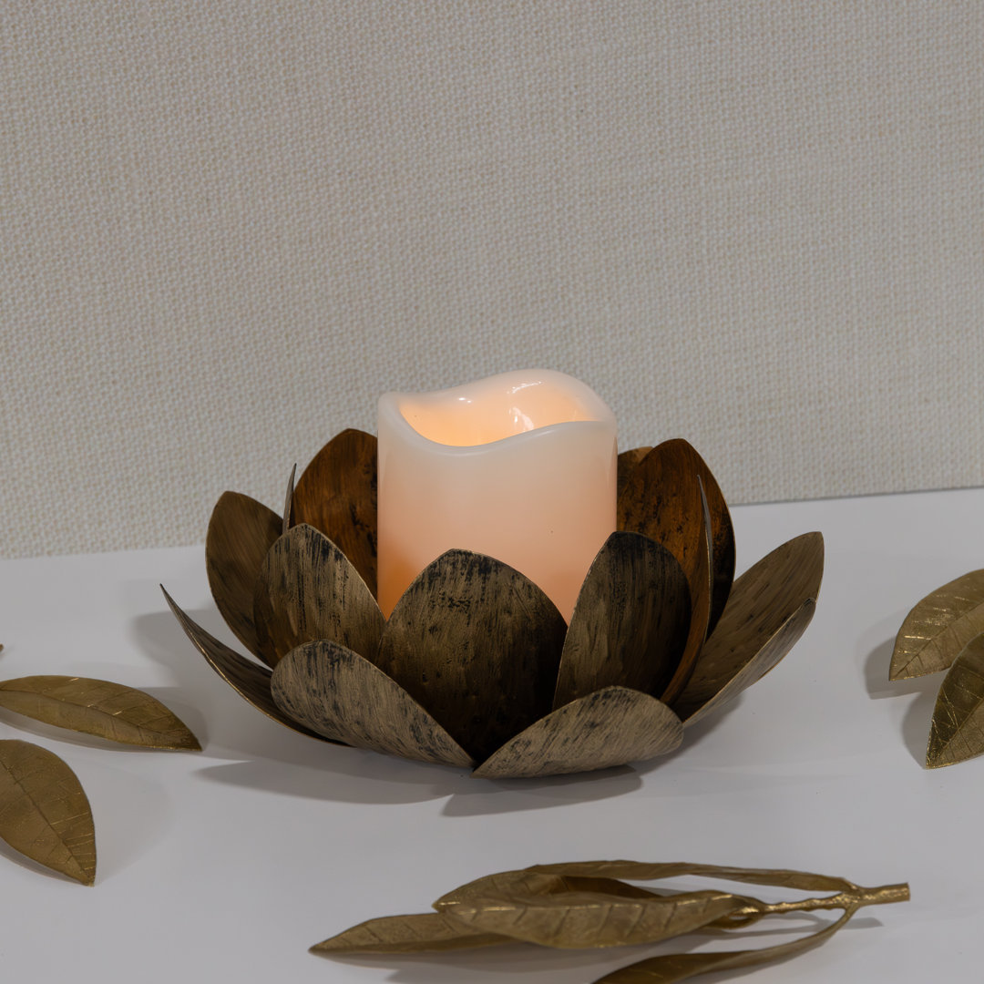 Gold Lotus Metal Candleholder with Battery Operated Candle Bungalow Rose