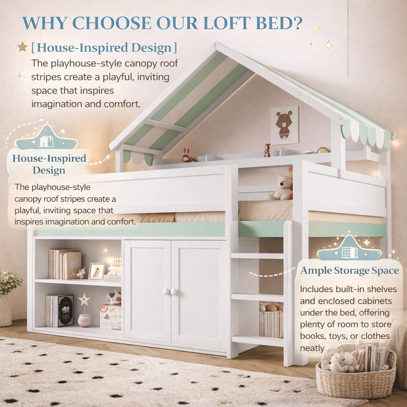 Full Size Loft Bed With House Roof Design & Multi Storage, Green
