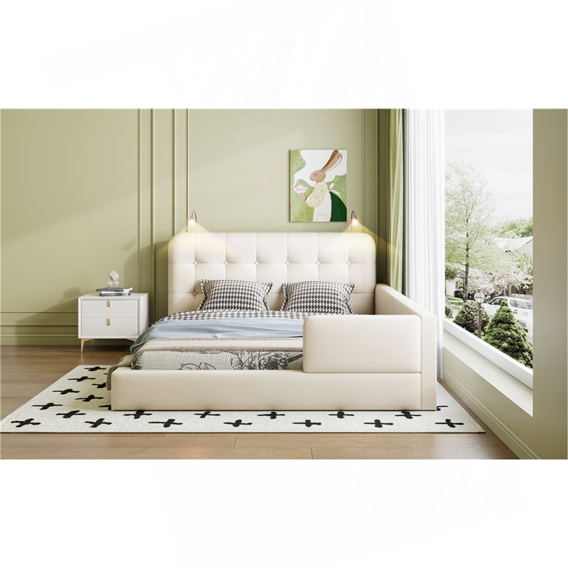 Grand lit plateforme tapissier avec 2 lampes de lecture, blanc