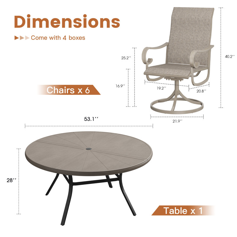 Aluminum Patio Dining Set with 53" Aluminum Round Dining Table and 6 PVC-Coated Polyester Swivel Chairs