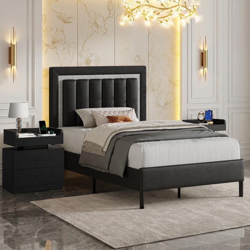 Ensemble de lit plateforme tapissier Diamond, Simple, Noir