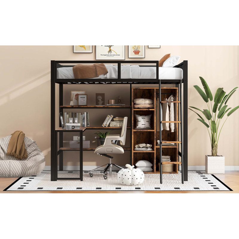 Lit mezzanine double en métal avec bureau intégré, garde-robe et tablettes