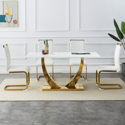 Aurora Morden Mid-Century 63" Dining Table Set with Glass & Gold Legs – PU Leather Chairs, 330 lbs Capacity （Set of 5）