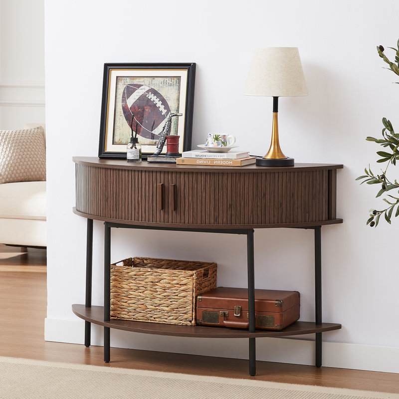 46.4" Farmhouse Half Moon Console Table With Fluted Sliding Doors and a Tambour Storage Cabinet, Walnut