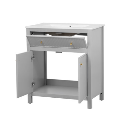 Ensemble de meuble-lavabo autoportant de 60 pouces (avec lavabo autoportant en céramique), ensemble de meuble-lavabo simple avec portes à fermeture en douceur, style moderne, gris