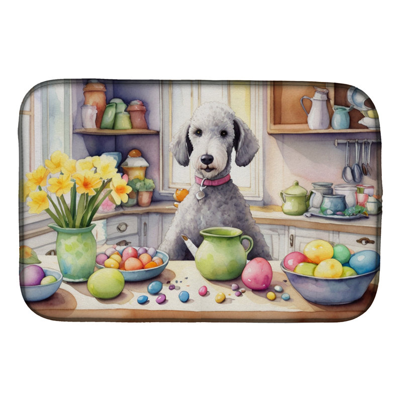 Decorating Easter Bedlington Terrier Dish Drying Mat