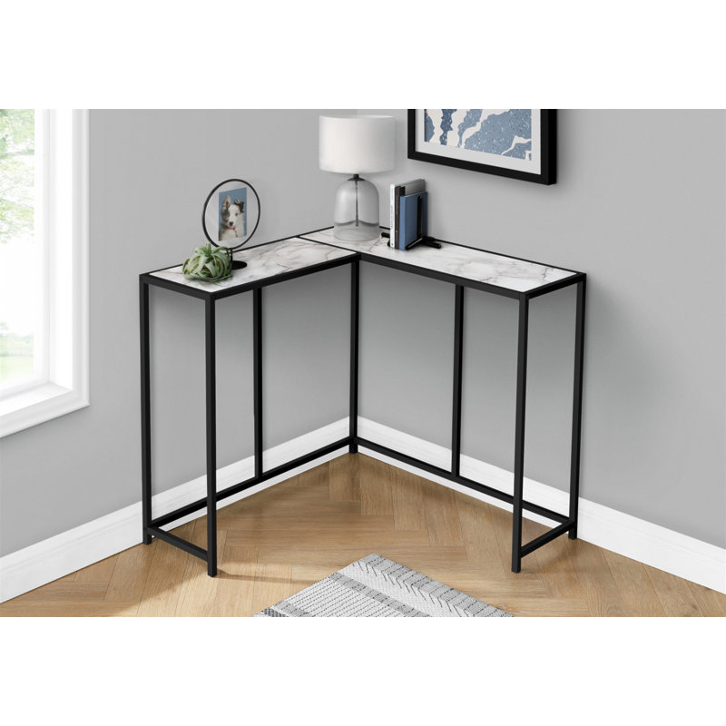 Narrow White Marble Look Laminate Metal Console Table For Entryway, Living Room, And Bedroom, Contemporary Modern Design