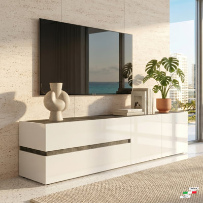 BRERA Modern High Gloss TV Stand for TVs up to 85" – Italian Made Contemporary Entertainment Center with Soft-Close Storage Cabinets – White Lacquer Finish