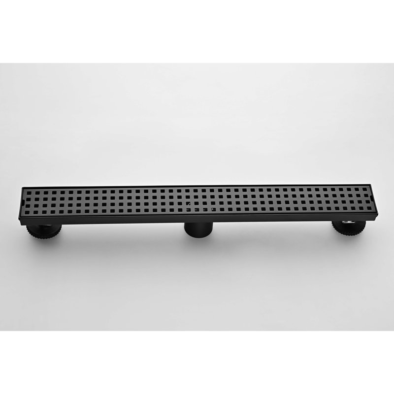 24 Inches Linear Shower Drain With Removable Quadrato Pattern Grate, 304 Stainless Shower Drain  Included Hair Strainer And Leveling Feet
