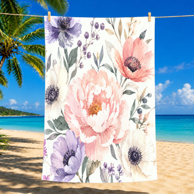 1Pcs Watercolor Floral Beach Towel, Large Microfiber Soft, Perfect for, Swimming, Travel, Camping, Unisex