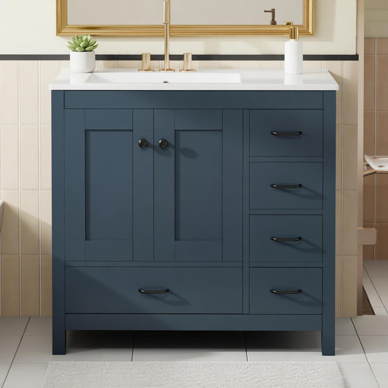 Meuble-lavabo 36 po avec lavabo en céramique 36 po, armoire de rangement abondante, 2 portes à fermeture douce et 5 tiroirs