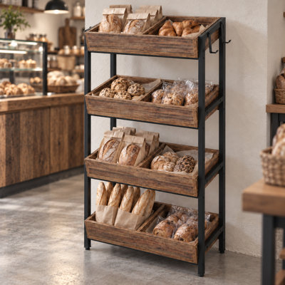 30 Inch 4 Tier Retail Display Rack with Hooks Tall Metal Snack Stand with Shelves Chip and Concession Organizer for Store Market or Kitchen Heavy Duty Frame Rustic Brown and Black Finish