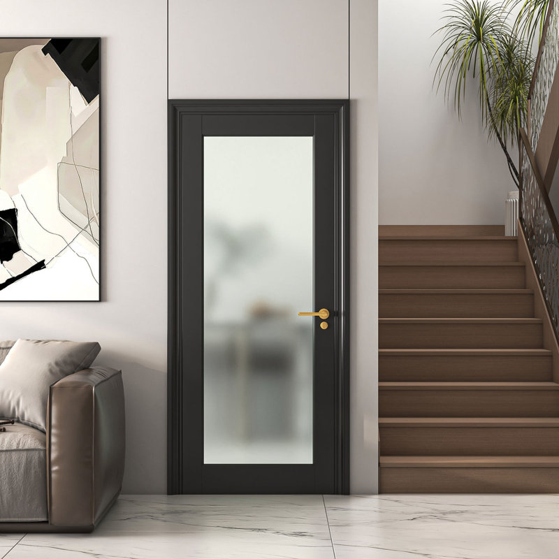 1-Lite Interior Black Pantry Frosted Door Slab Barn Door Panel Black Tempered Glass Primed For French Bathroom Doors 28'' x 80''