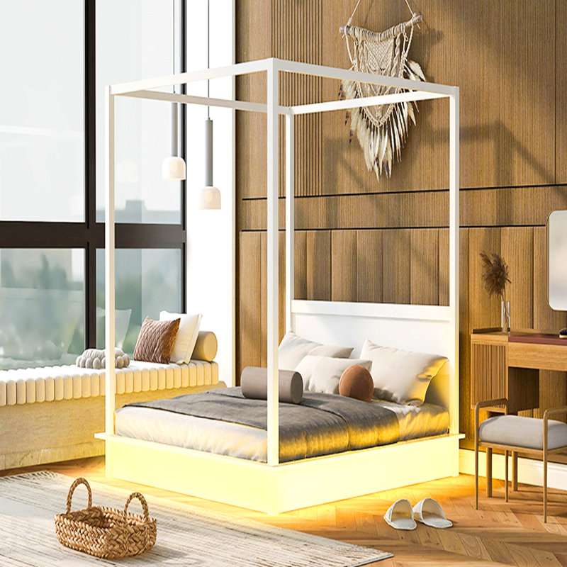 Très grand lit à baldaquin à DEL en bois, lit plateforme à baldaquin avec lattes de soutien, aucun sommier tapissier requis, blanc