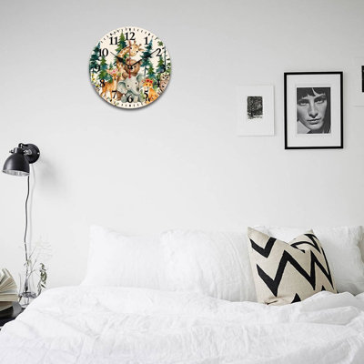 Whimsical Watercolor forest Animals Round Wall Clock Decor, 12" x 12", for Nursery Decor