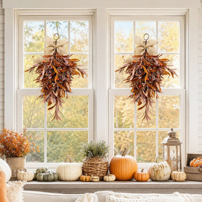 Lot de 2 guirlandes de feuilles d'olivier artificielles d'automne, décorations automnales rustiques à suspendre, avec fausses feuilles et nœuds, pour entrée, mur et décoration de Thanksgiving.