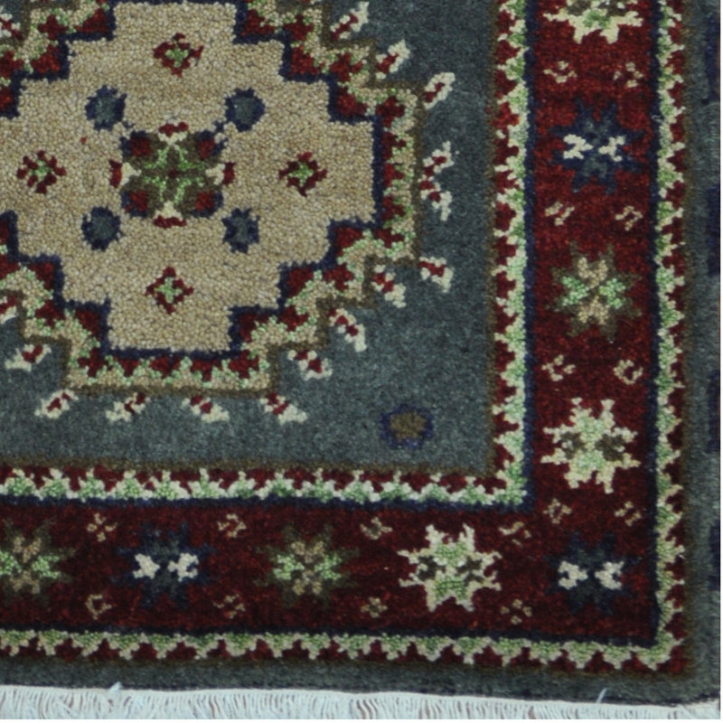 Tapis unique en laine noué à la main rouge / bleu de 2 pi x 4 pi