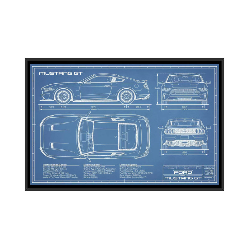 " Mustang GT (2018-2020) Blueprint ", No Mat, 26'' H x 40'' W x 1.5'' D, Black Framed Canvas