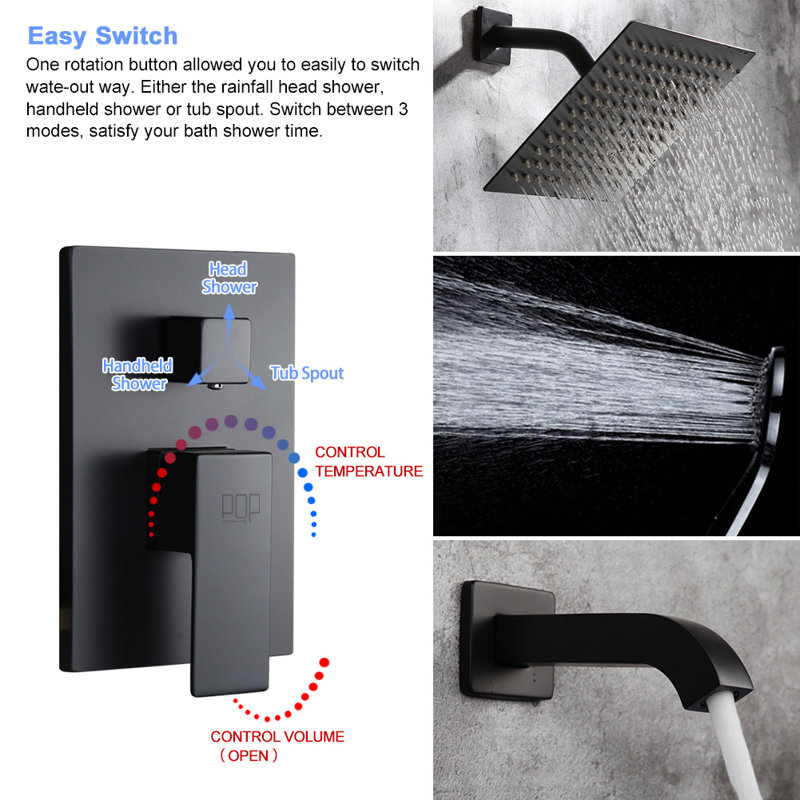Système de robinet de salle de bain. Robinet de douche à pluie avec bec de baignoire et pomme de douche à main, Noir
