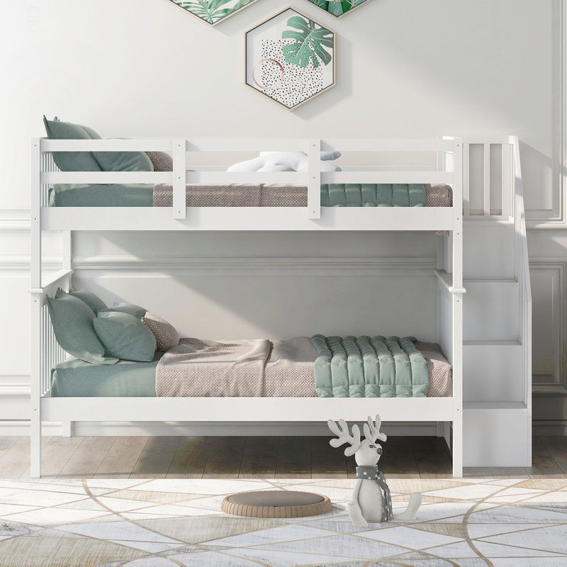 Lit superposé en escalier avec rangement et garde-corps pour chambre à coucher