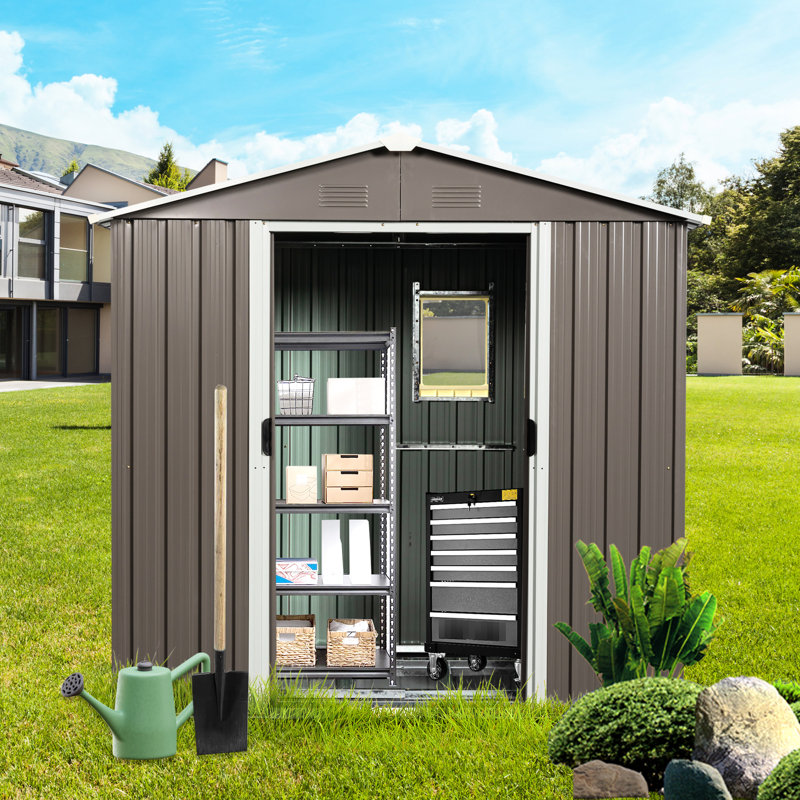 8Ft X 4Ft Outdoor Metal Shed With Galvanized Iron Frame & Easy Assembly Feature - Gray Foundation, Weather- Panels Lock, Gray