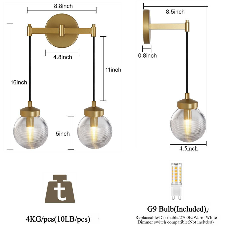 4-Light Dimmable Glass Wall Sconce, Brass