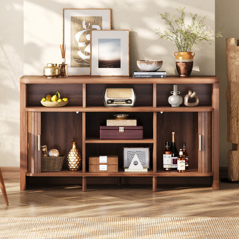 55" Sideboard Buffet Cabinet With Storage, Fluted Credenza With Sliding Door & Open Shelf, Mid Century Modern Accent Coffee Bar Console Table For Kitchen, Living Room, Entryway, Walnut