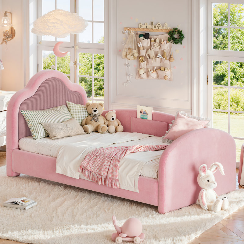 Lit tapissier à plancher bas SnuggleNest avec poche de rangement intégrée et rails latéraux de sécurité, Rose