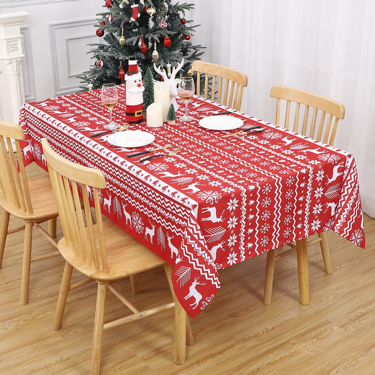 mark Resistant Christmas Tablecloth – Washable Polyester Table Cover – Reindeer & Snowflake Print, Festive Red, Easy Clean – Perfect for Holiday Parties, Kitchen & Dining – 52"x52" Square – Red bottom