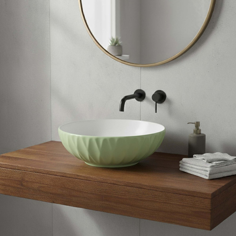 16" Round Ceramic Vessel Bathroom Sink – Modern Textured Bowl Design in Sage Green, Green