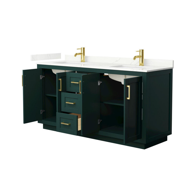Miranda 66" Freestanding Double Bathroom Vanity with Quartz Top, Giotto Quartz, Green, Brushed Gold