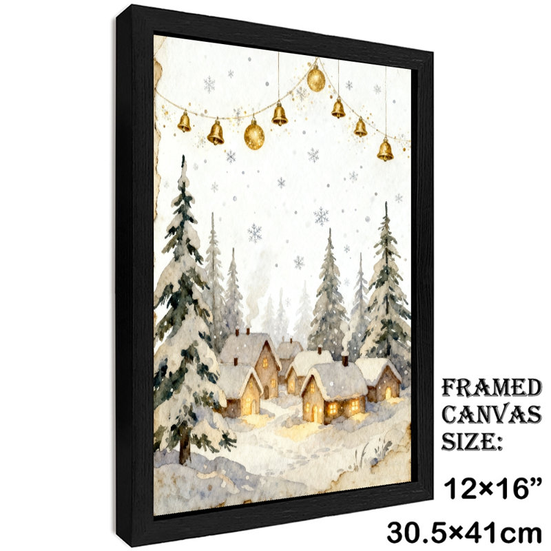 Aquarelle encadrée noire, village de Noël avec arbres enneigés, impressions de style rétro, H 17 po x l 13 po