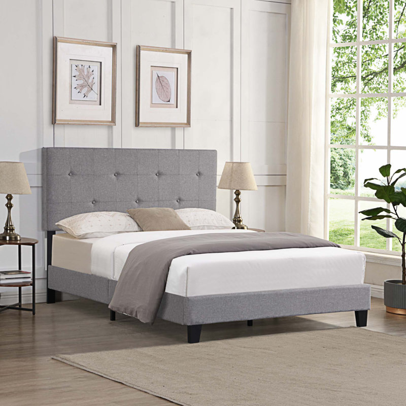 Upholstered Platform Bed Frame with Linen Fabric Headboard, No Box Spring Needed, Wood Slat Support, Easy Assembly, Grand lit