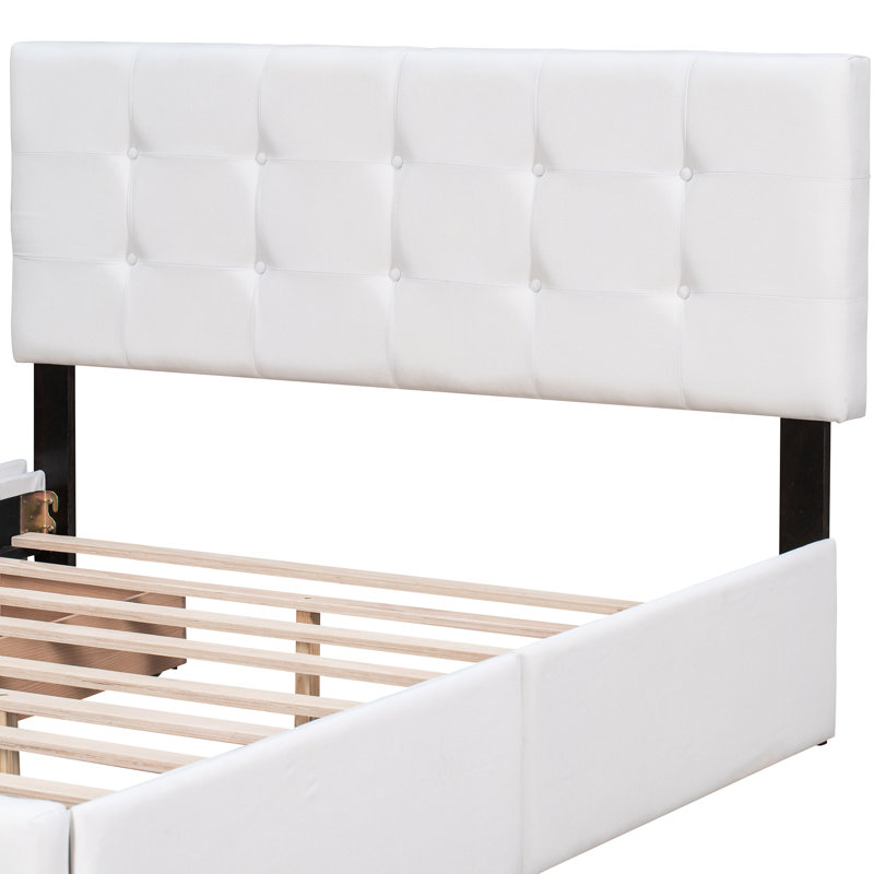 Upholstered Platform Bed Queen White With 4 Drawers And Comfortable Headboard, No Box Spring, Linen Upholstery, Construction In For Size, Roomy Contemporary Spring Requirement, Fabric, Stable Support