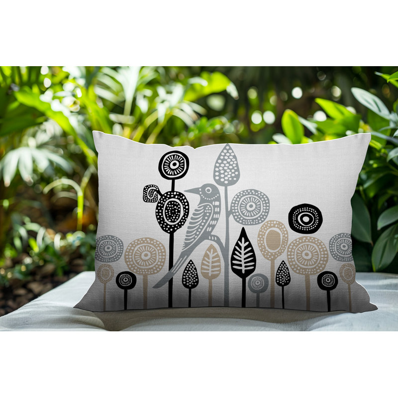 Oreiller rectangulaire intérieur / extérieur réversible Hino Bird, Gris, Rectangle H 14 po x l 20 po