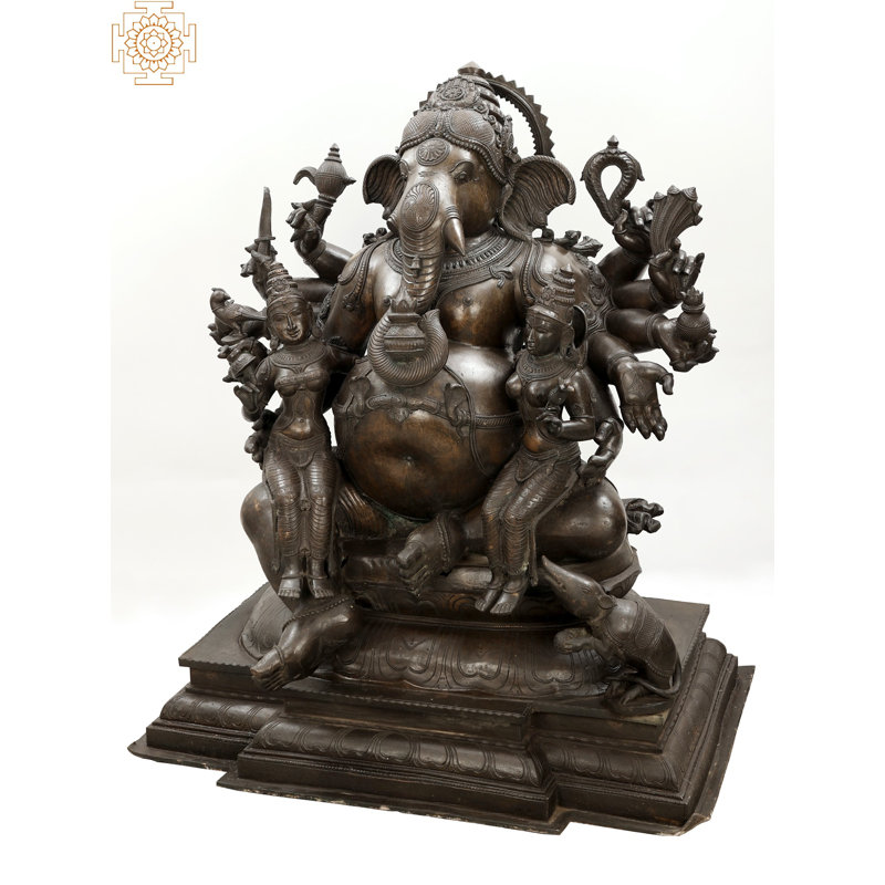 Super grand Maha Ganapati de 42 po avec Riddhi Siddhi - bronze à la cire perdue Madhuchista Vidhana Panchaloha, chef-d'œuvre Swamimalai, icône Ganesha Purana, décoration intérieure