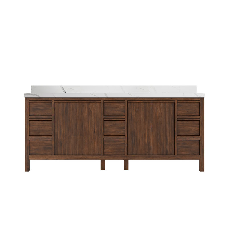 84'' Double Bathroom Vanity with Quartz Top, Calacatta Laza, Dark Walnut