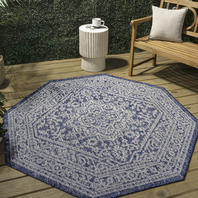 Moten Medallion Textured Weave Navy/Gray Indoor/Outdoor Rug, Octagon 7'9"