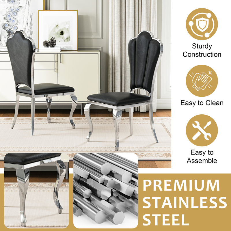 Mery 19'' H Faux Leather Upholstered Side Chair, Black, Silver