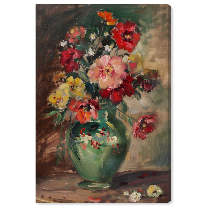 Art floral sur toile, vase vert, Toile tendue, H 30 po x l 20 po