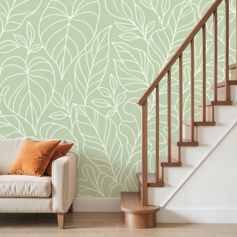 Papier peint adhésif pelez et collez forme abstraite naturelle feuille verte couleur art mural auto-adhésif et amovible
