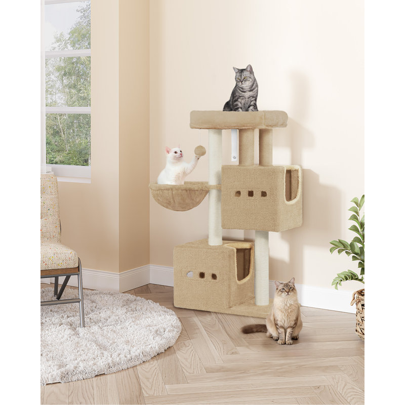 Cat Tree, 98 cm Tower, Sisal Scratching Post, Cats Tower for Indoor, Multi-Level Stable Cat Tree with Cats House, 2 Caves, Pompoms 